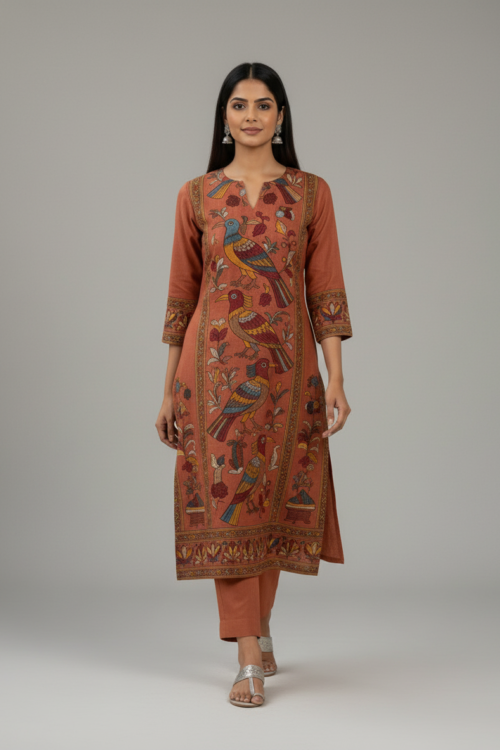 Rust Brown Bird Straight KurtaSmart Casual Ethnic