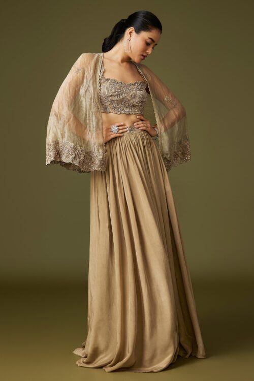 Gold Crop Top Lehenga with Embellished Cape