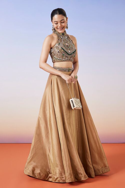 Gold Tissue Handworked Crop Top Lehenga Set