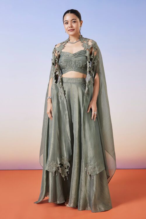 Green Grey Tissue Fusion Lehenga with Cape