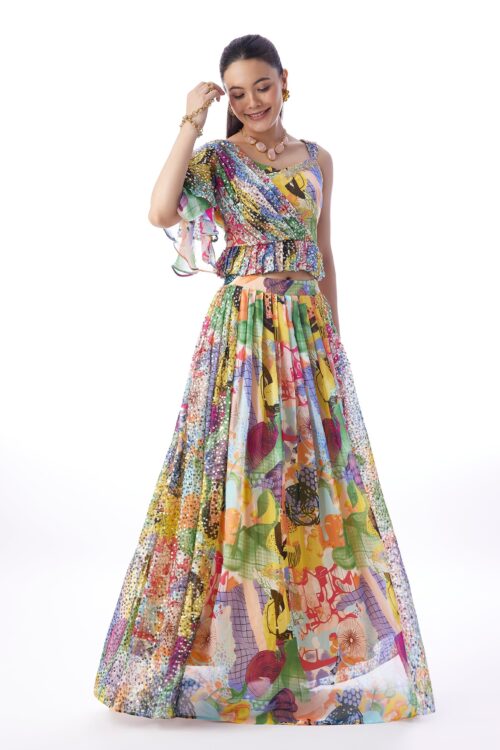 Multi Abstract Sequins Lehenga with Sweetheart Choli
