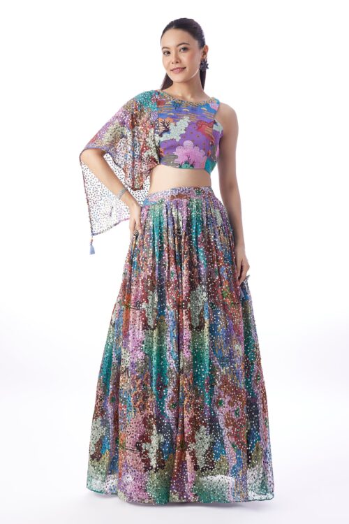 Multi Abstract Sequins Lehenga with Attached Dupatta Look