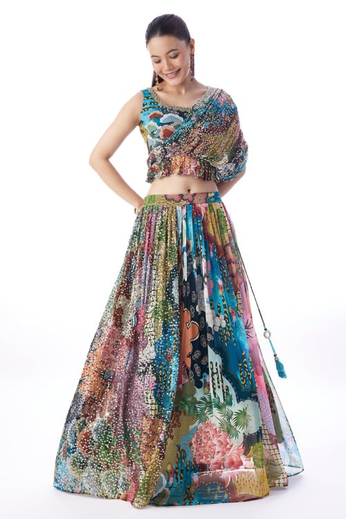 Multi Abstract Sequins Printed Lehenga Set
