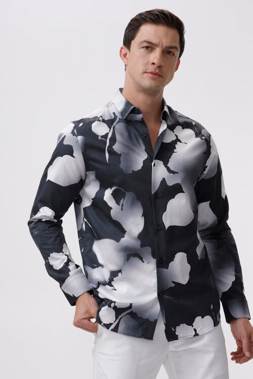 Dark Grey Slim Fit Casual Shirt Leaf Print Full Sleeve Style