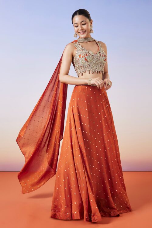 Orange Butti Embroidered Lehenga with Dupatta