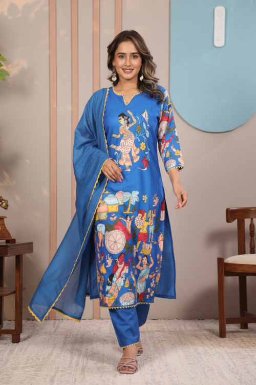 Blue Floral Printed Cotton Kurta Set with DupattaElegant Summer Ethnic Wear