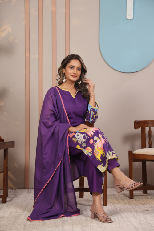 Purple Traditional Folk Art Printed Kurta SetRoyal Ethnic Collection