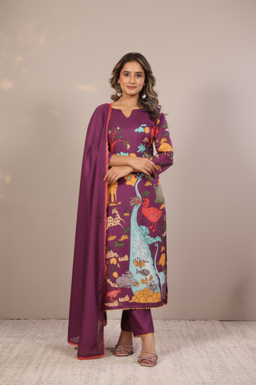 Purple Folk Art Printed Kurta SetTraditional Elegant Style