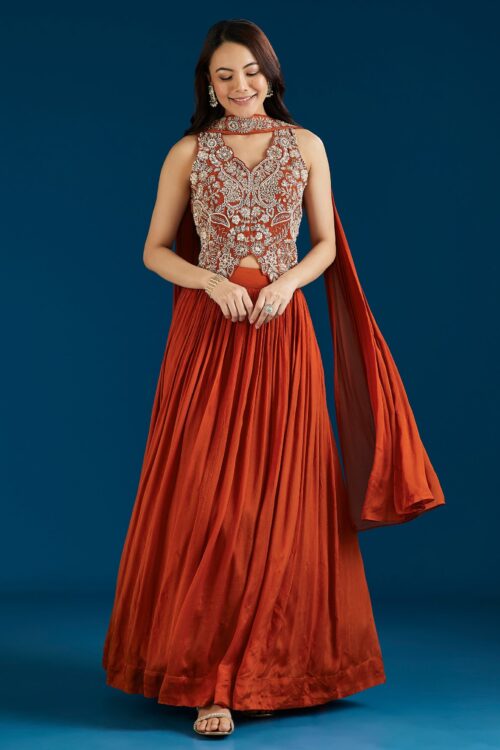 Rust Embellished Crop Top Lehenga Set with Dupatta