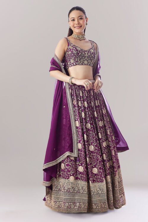 Purple Floral Zari Work Lehenga Set