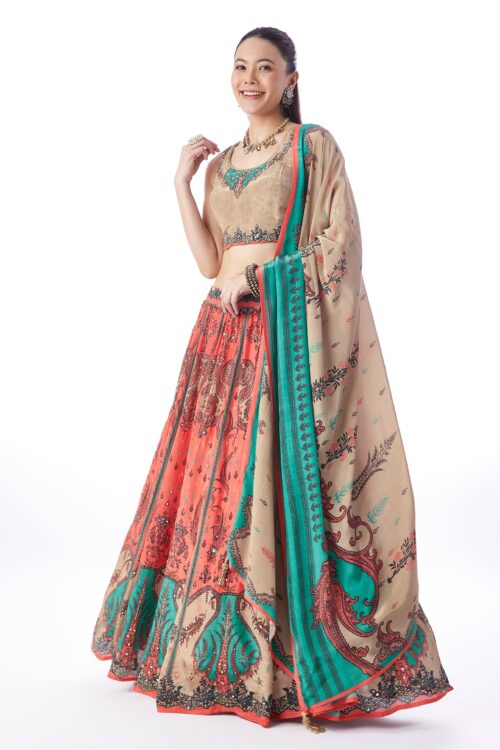 Peach Paisley Printed Bridesmaid Lehenga Set