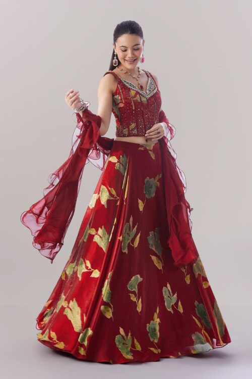 Maroon Abstract Mirror Work Lehenga Set