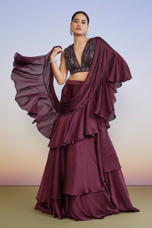 Wine Fusion Lehenga Set