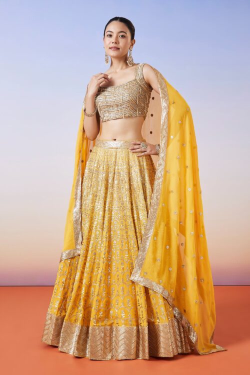 Yellow Ombre Embroidered Lehenga with Dupatta