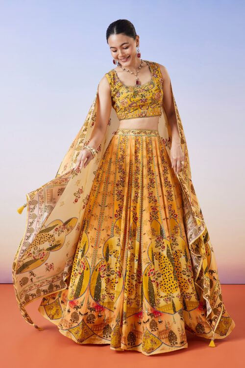 Yellow Printed Lehenga with Dupatta